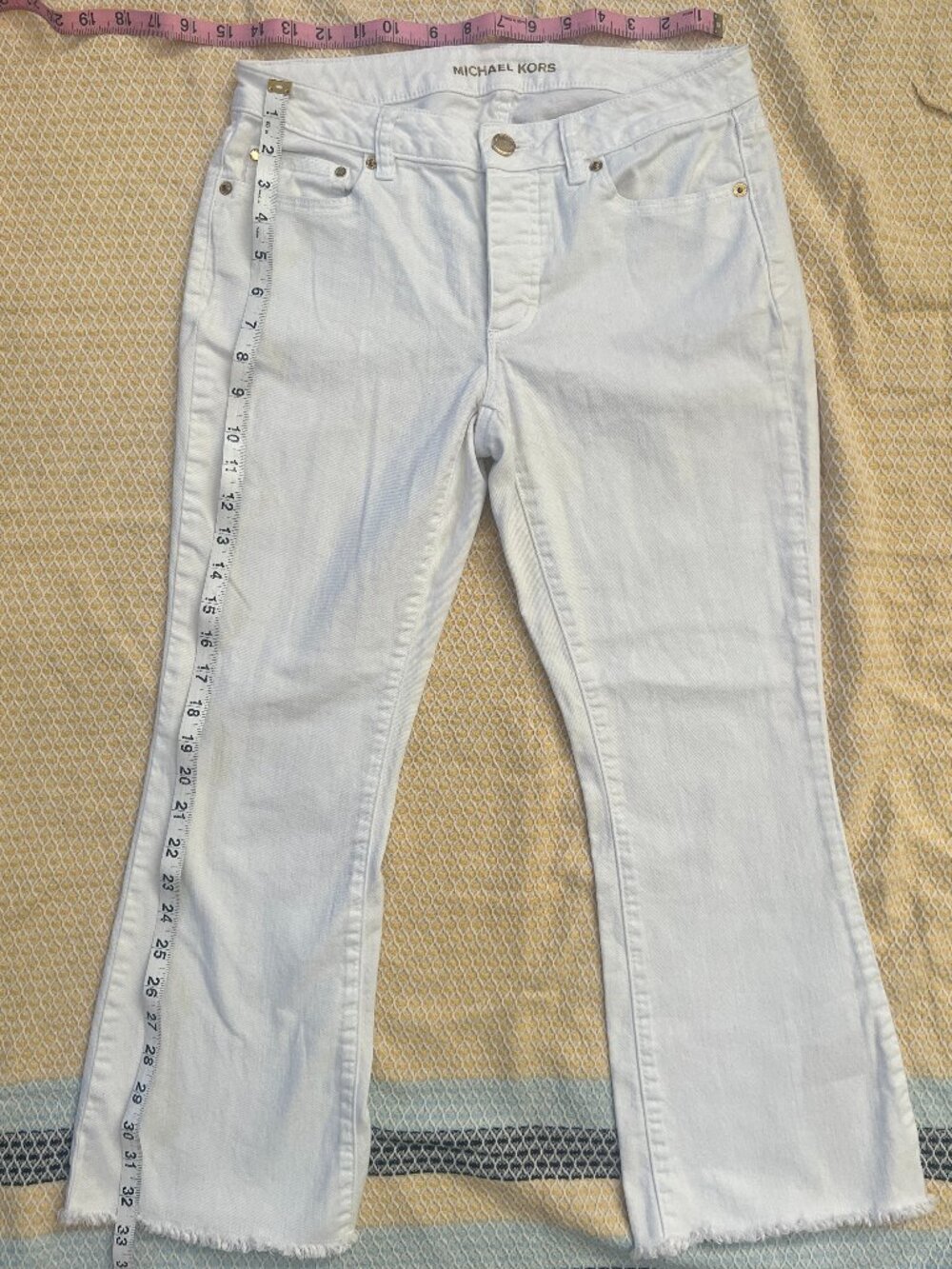 Michael Kors White Raw Hem Kick Flare Bootcut Jeans Size 2 Gold Hardware